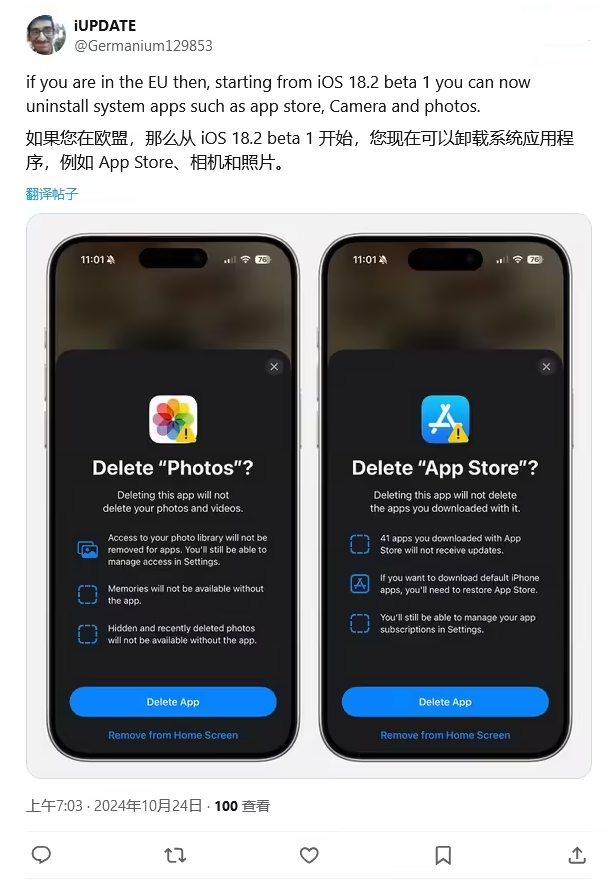 打安镇苹果手机维修分享iOS 18.2 支持删除 App Store 应用商店 