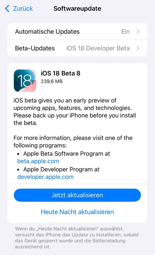 打安镇苹果手机维修分享苹果 iOS / iPadOS 18 开发者预览版 Beta 8 发布 